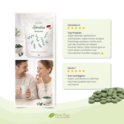 PureRaw Spirulina Presslinge - Produktdetails und Verzehrempfehlung und Bewertungen 