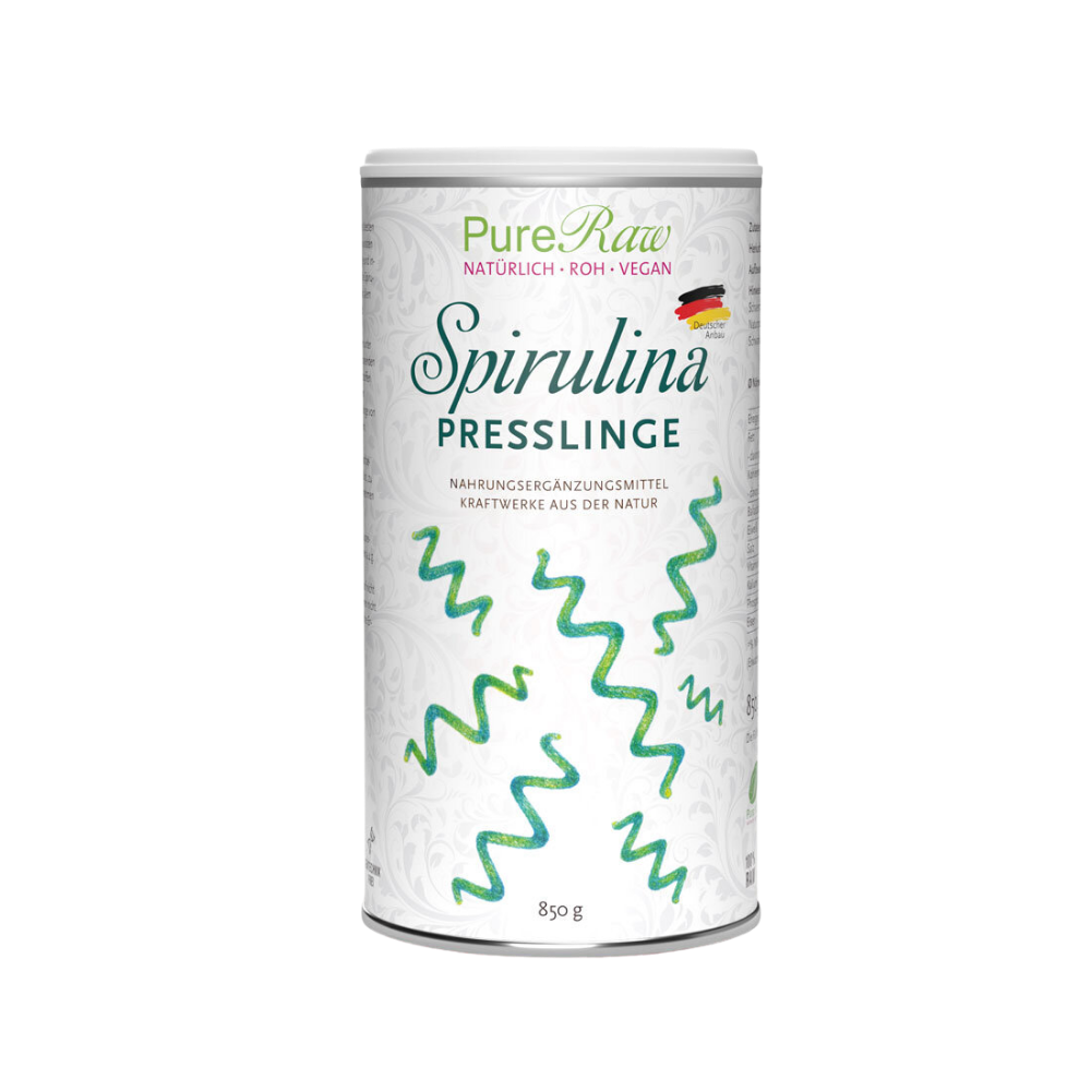 PureRaw Spirulina Presslinge aus Deutschland in der 850-g-Dose