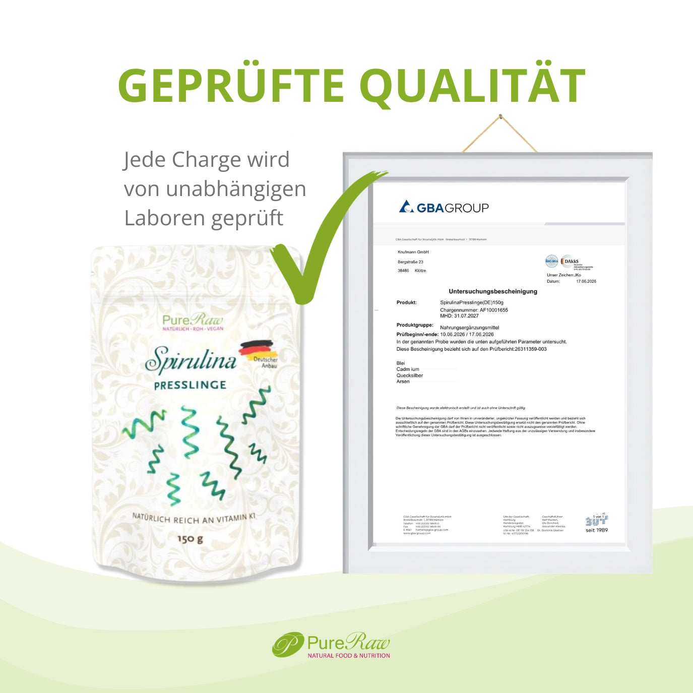 Unabhängige Laborprüfung der PureRaw Spirulina Presslinge