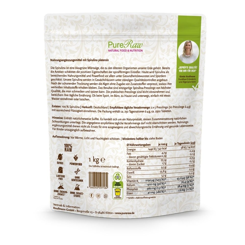 Rückseite der 1-kg-Packung PureRaw Spirulina Presslinge mit Nährwertangaben