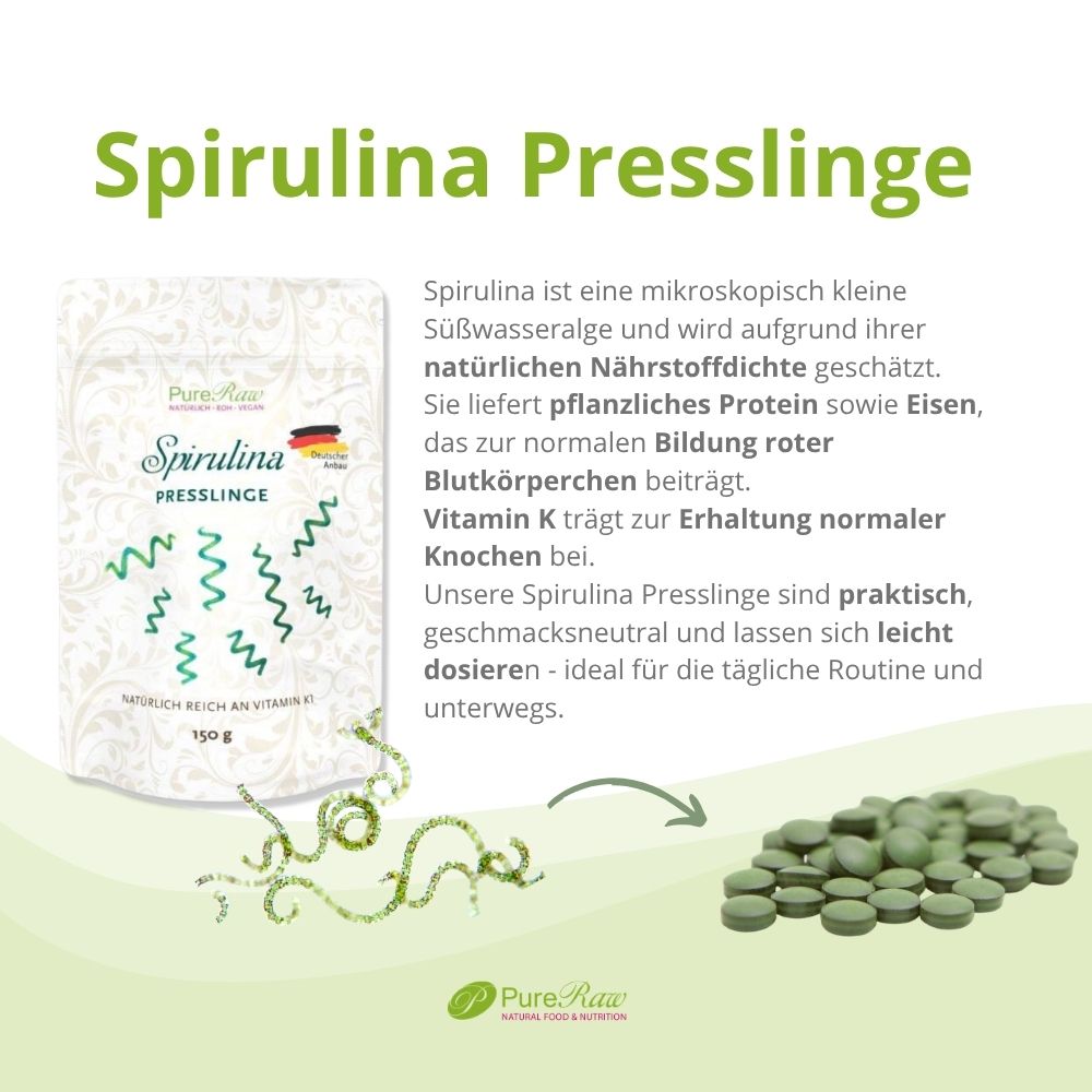 PureRaw Spirulina Presslinge - nährstoffreiche Mikroalge aus deutscher Produktion