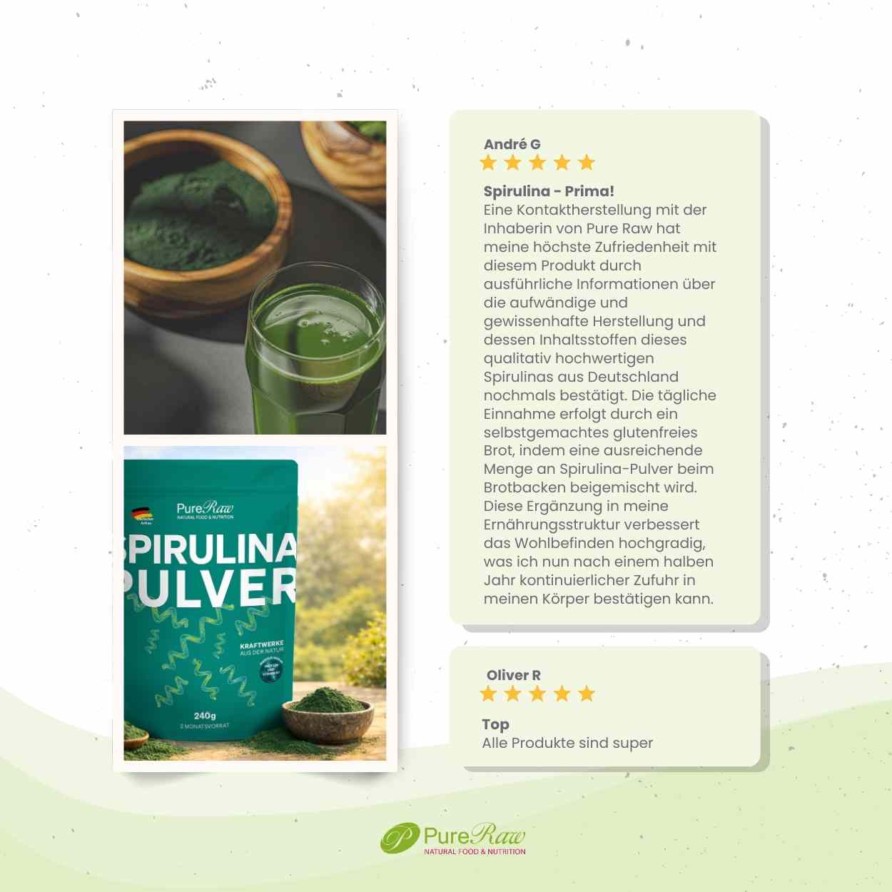 PureRaw Spirulina Pulver aus Deutschland mit Informationen zu Herstellung und Qualität