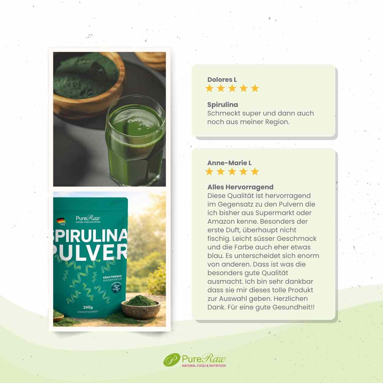 PureRaw Spirulina Pulver mit Anwendungshinweisen und Wissenswertem zur Mikroalge