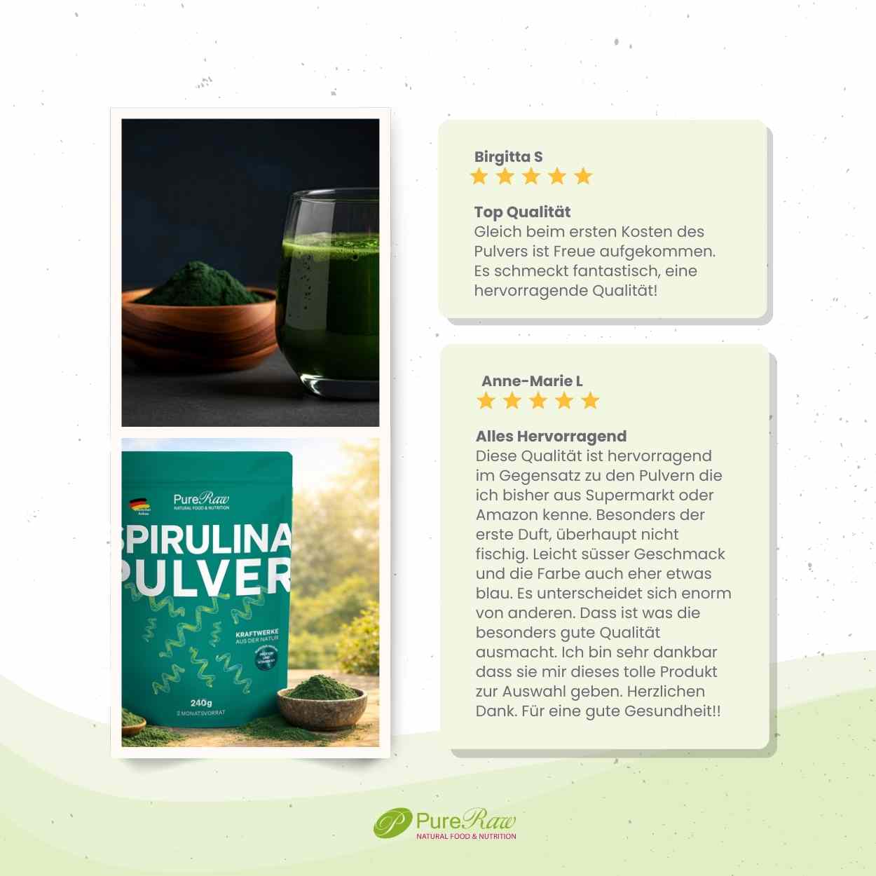 PureRaw Spirulina Pulver neben einem grünen Spirulina-Getränk und Produktdetails