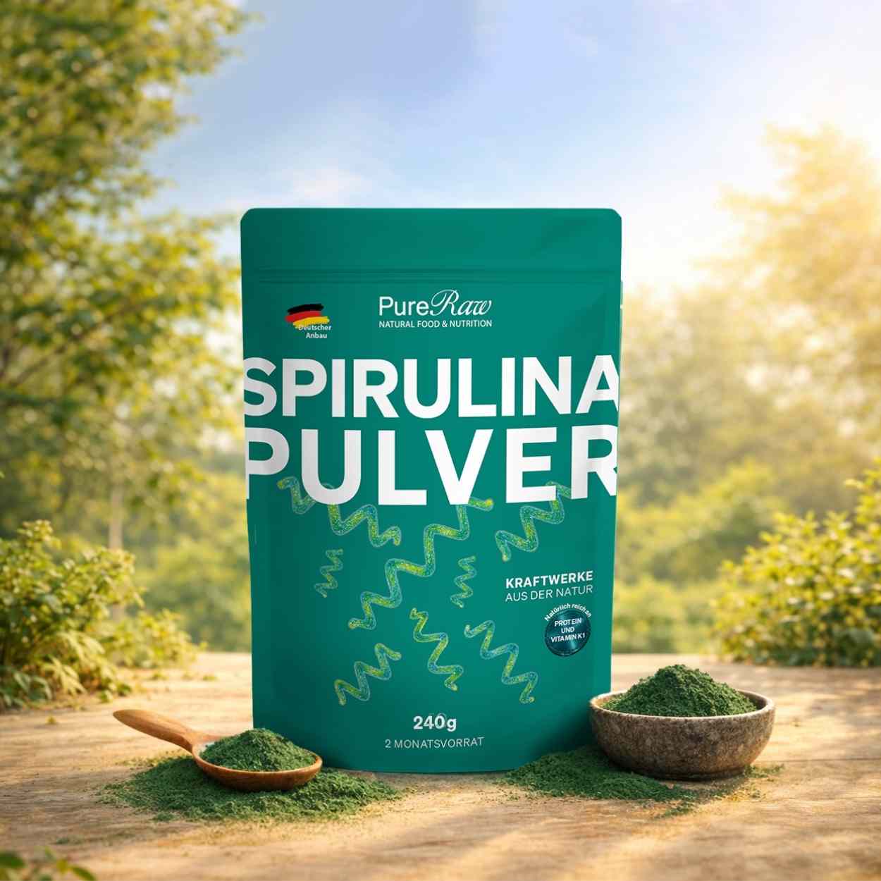 PureRaw Spirulina Pulver aus Deutschland vor einer sonnigen Naturlandschaft
