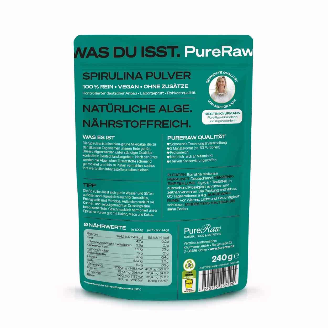 Rückseite der Verpackung von PureRaw Spirulina Pulver mit Zutaten und Nährwertangaben