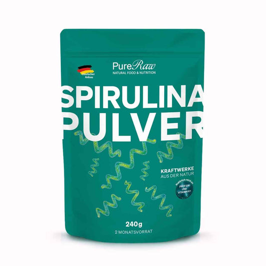 PureRaw Spirulina Pulver aus Deutschland im 240-g-Standbeutel