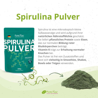 PureRaw Spirulina Pulver mit grünem Spirulinapulver und Produktinformationen