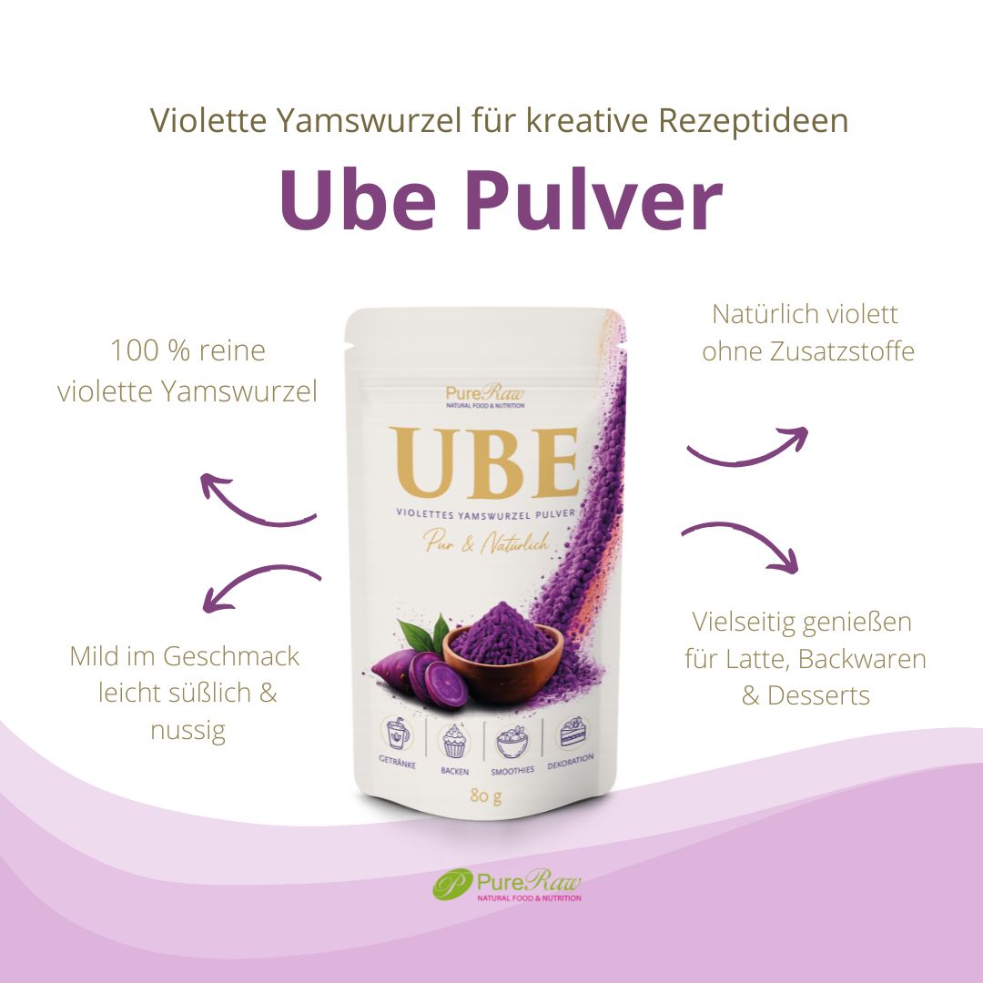 Produktgrafik zu PureRaw Ube Pulver: 100 % violette Yamswurzel, natürlich violett, ohne Zusatzstoffe und vielseitig verwendbar