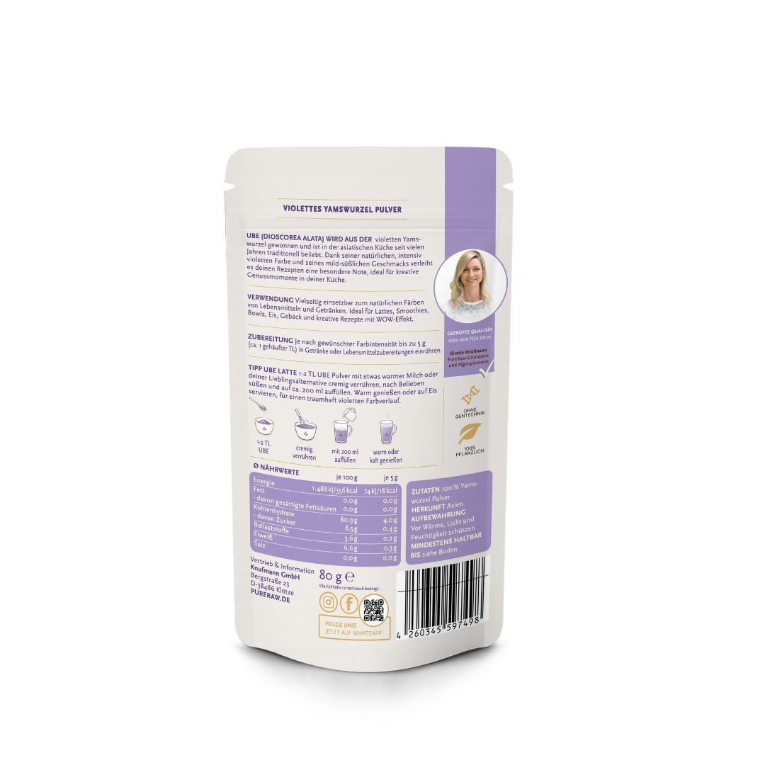 Rückseite des PureRaw Ube Pulver-Beutels mit Produktinformationen, Nährwerttabelle und Anwendungshinweisen.