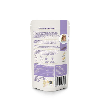 Rückseite des PureRaw Ube Pulver-Beutels mit Produktinformationen, Nährwerttabelle und Anwendungshinweisen.