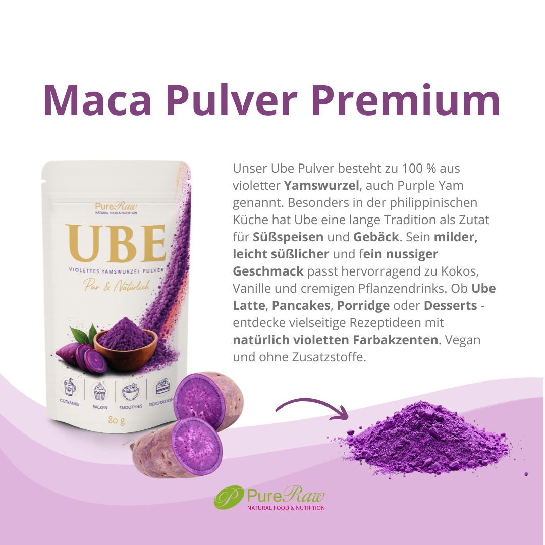 PureRaw Ube Pulver mit Informationen zur violetten Yamswurzel, ihrem Geschmack und Verwendungsmöglichkeiten
