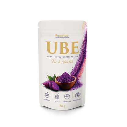 PureRaw Ube Pulver aus violetter Yamswurzel im 80-g-Standbodenbeutel auf weißem Hintergrund