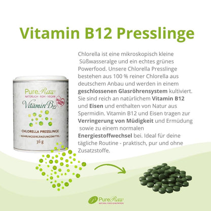 PureRaw Vitamin B12 Chlorella Presslinge mit Produktvorteilen und Anwendungshinweisen