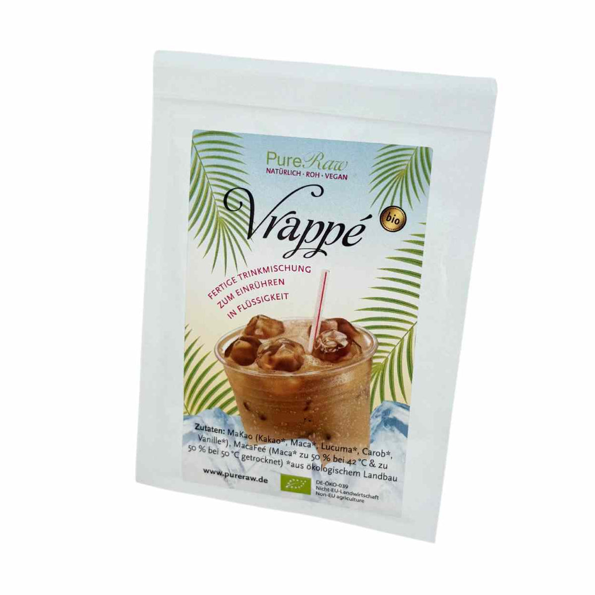 PureRaw Vrappé probier-beutel mit Produktabbildung eines cremigen Kaltgetränks.