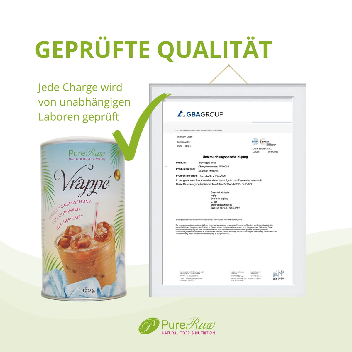 PureRaw Vrappé Qualitätsgrafik mit Produktdose und Darstellung einer unabhängigen Laborprüfung.