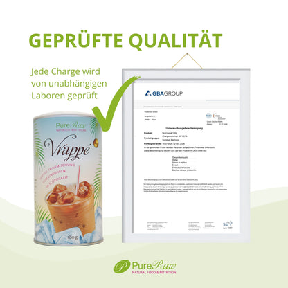 PureRaw Vrappé Qualitätsgrafik mit Produktdose und Darstellung einer unabhängigen Laborprüfung.