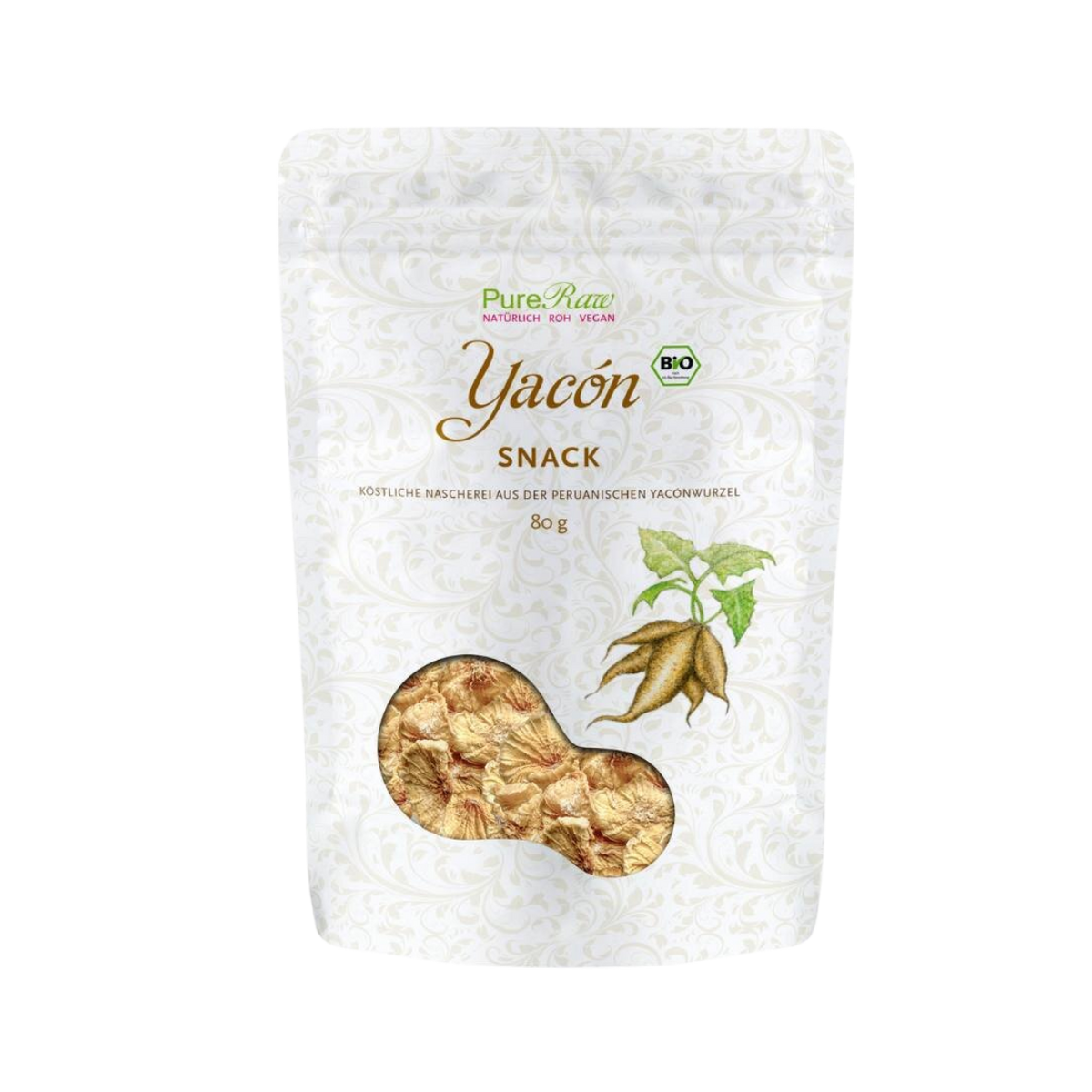 PureRaw Bio Yacon Snack aus peruanischer Yaconwurzel in der 80-g-Packung