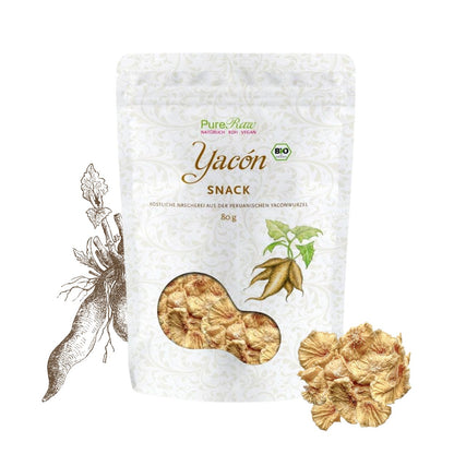 PureRaw Bio Yacon Snack mit knusprigen Yaconstücken und Illustration der Yaconwurzel