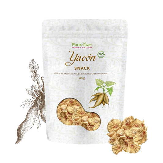 PureRaw Bio Yacon Snack mit knusprigen Yaconstücken und Illustration der Yaconwurzel