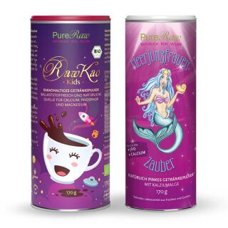 Vorteilspack: RawKao Kids 170 g (Bio & Roh) Getränkepulver + Meerjungfrauen Zauber 170 g Getränkepulver